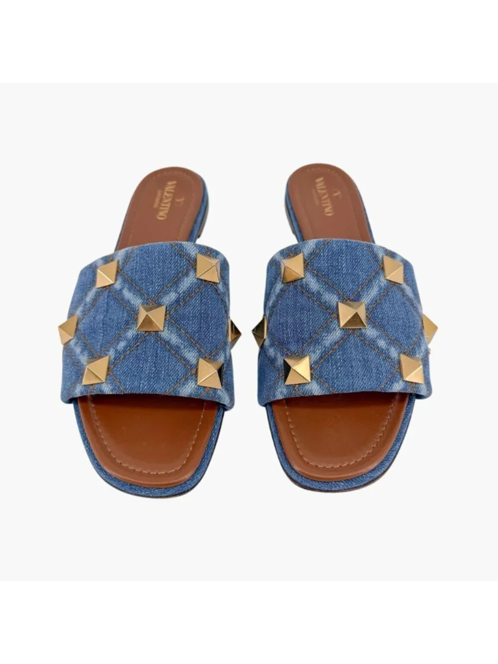 Valentino Roman Stud Denim Quilted Slide Sandals Size 41 US 11 Women’s Blue Flat